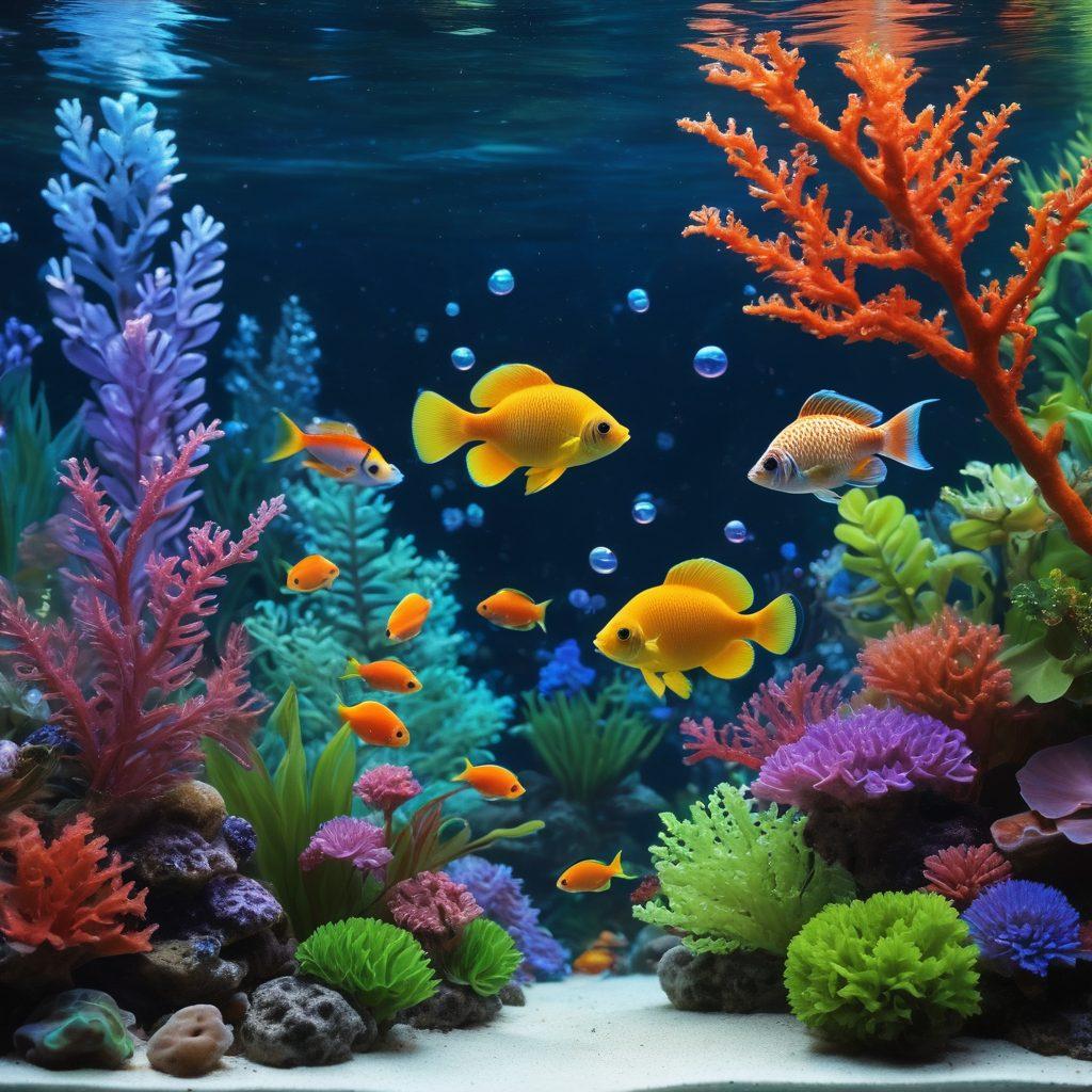 A vibrant underwater scene showcasing a diverse array of marine species, including colorful tropical fish, lively corals, and serene aquatic plants. The fish appear joyful and playful, swimming around a well-decorated fish tank that glows with soft lighting. Bubbles gently rise to the surface, enhancing the tranquil atmosphere. The background includes glimpses of a healthy ecosystem, exemplifying happiness in aquatic life. vivid colors. super-realistic. 3D.