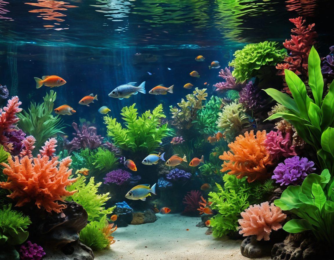 A serene aquarium scene showcasing lush aquatic plants and colorful fish joyfully swimming. Include a smiling figure observing the aquarium with delight, reflecting the theme of happiness and tranquility. Soft sunlight filtering through the water, creating a peaceful atmosphere. The foreground features vibrant corals and gentle bubbles rising to the surface. super-realistic. vibrant colors. soft lighting.