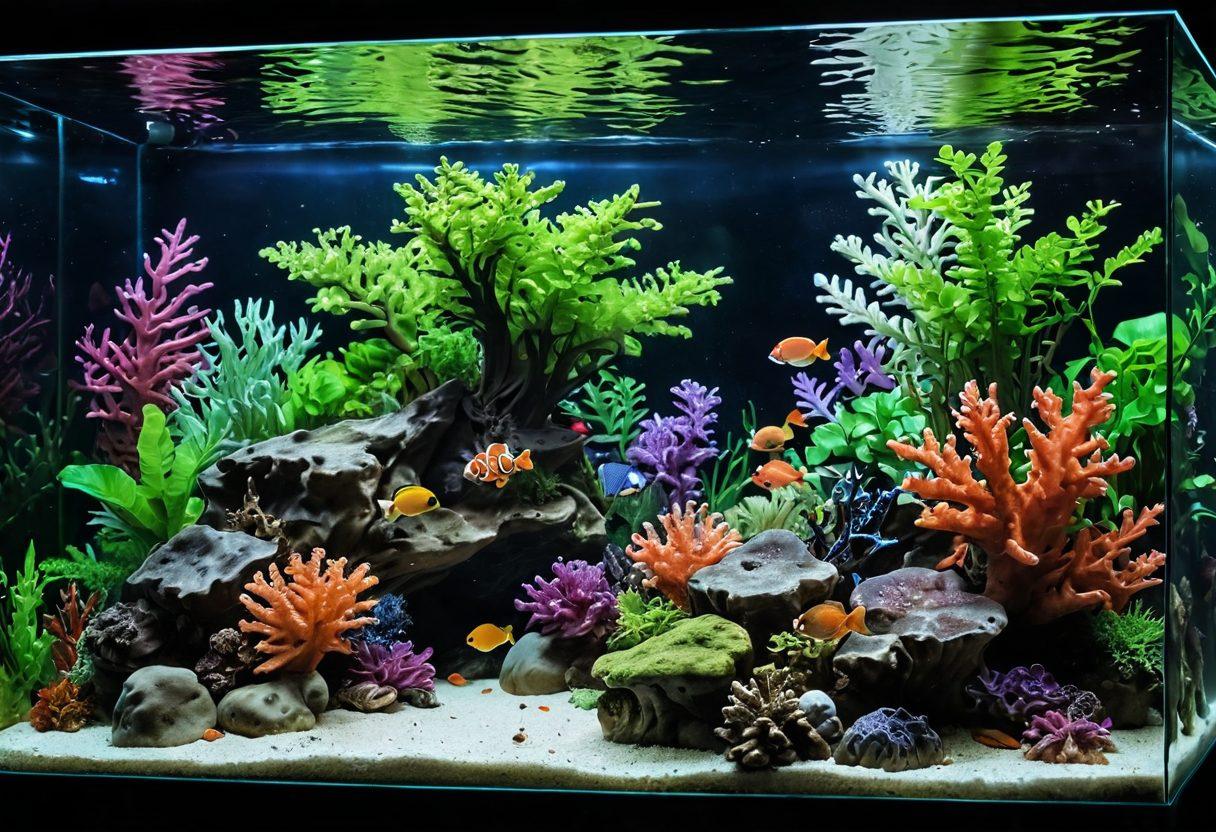 A serene underwater scene featuring both freshwater and saltwater fish in a well-maintained aquarium, with lush green plants, colorful corals, and a mix of vibrant reef creatures swimming gracefully. The tank is illuminated with soft, shimmering lights to highlight the colors of the fish and corals. Above the tank, an open manual titled 'Mastering Aquarium Maintenance' is placed, showcasing tips and techniques. super-realistic. vibrant colors. 3D.